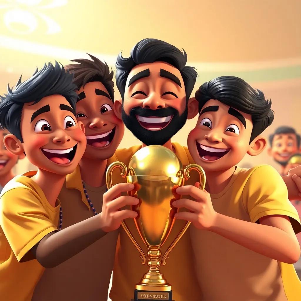 Kamal celebrating his victory with his friends, smiling and posing with the trophy, happy and victorious expressions, digital art, warm colors, heartwarming atmosphere, close-up view, high quality