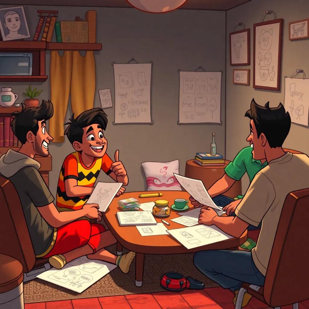 Kamal and his friends planning for the next race, with drawings and ideas scattered around, lively discussion, illustration, fun and creative atmosphere, cozy setting, high quality