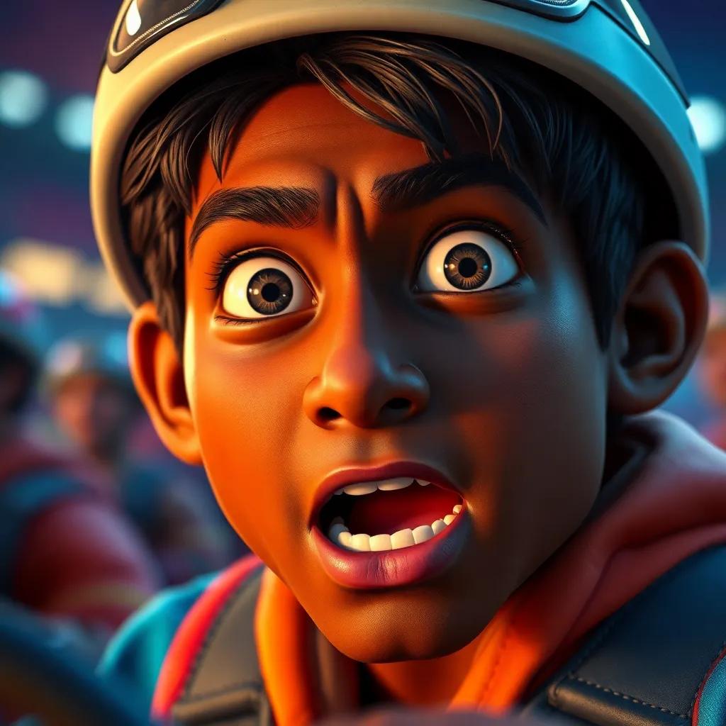 A close-up of Kamal’s determined expression during the race, capturing his passion and focus, digital portrait, intense colors, dramatic lighting, high quality