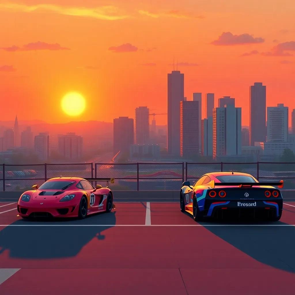 A sunset view of the city with race cars parked, highlighting their colors against the fading light, illustration, serene atmosphere, beautiful gradients, panoramic view, high quality