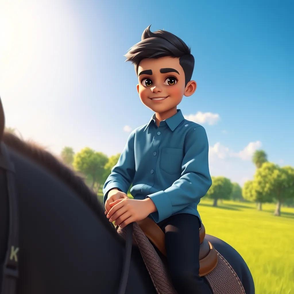 A young Arab boy, Khaled, with short black hair, wearing a blue shirt and black pants, riding his beautiful black horse, Adham, in a sunny park with green grass and a blue sky, digital art, vibrant colors, cheerful atmosphere, high quality