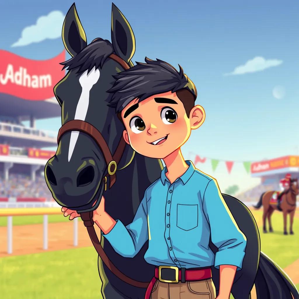 Khaled, a young Arab boy, in a blue shirt, preparing for a race, looking excited and determined, standing beside his black horse, Adham, with racing banners in the background, illustration, colorful, energetic, child-friendly