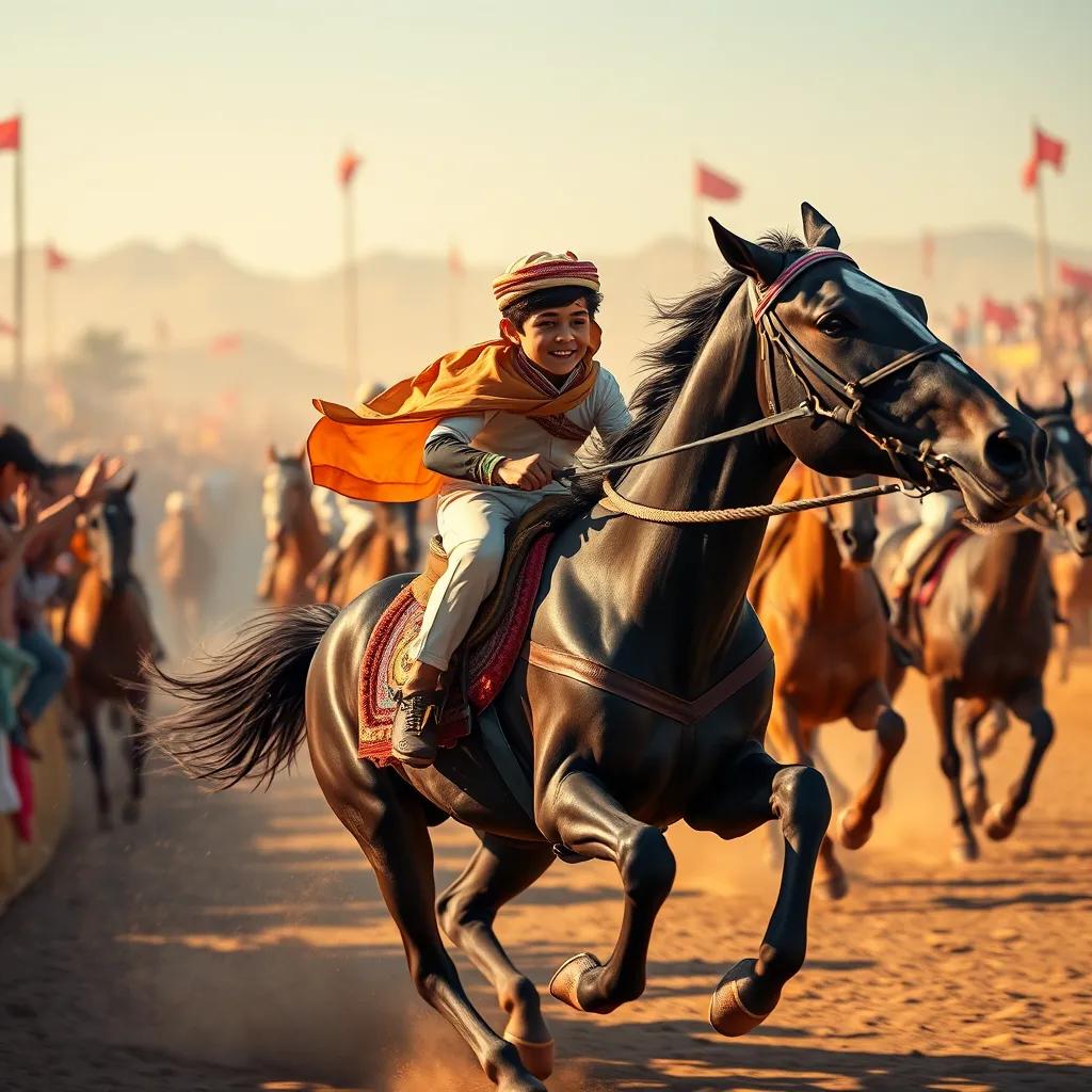Khaled, a young Arab boy, on his black horse, Adham, galloping in a horse race with other riders in the background, spectators clapping and cheering, dynamic scene, bright colors, lively atmosphere, high quality