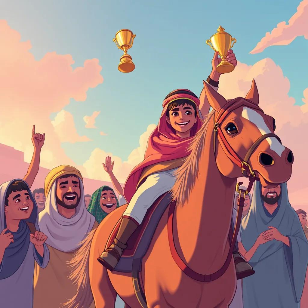 Khaled, a young Arab boy, celebrating his victory on horseback after winning a race, surrounded by happy friends and villagers, holding a small trophy, joyful expressions, warm colors, uplifting scene, digital art