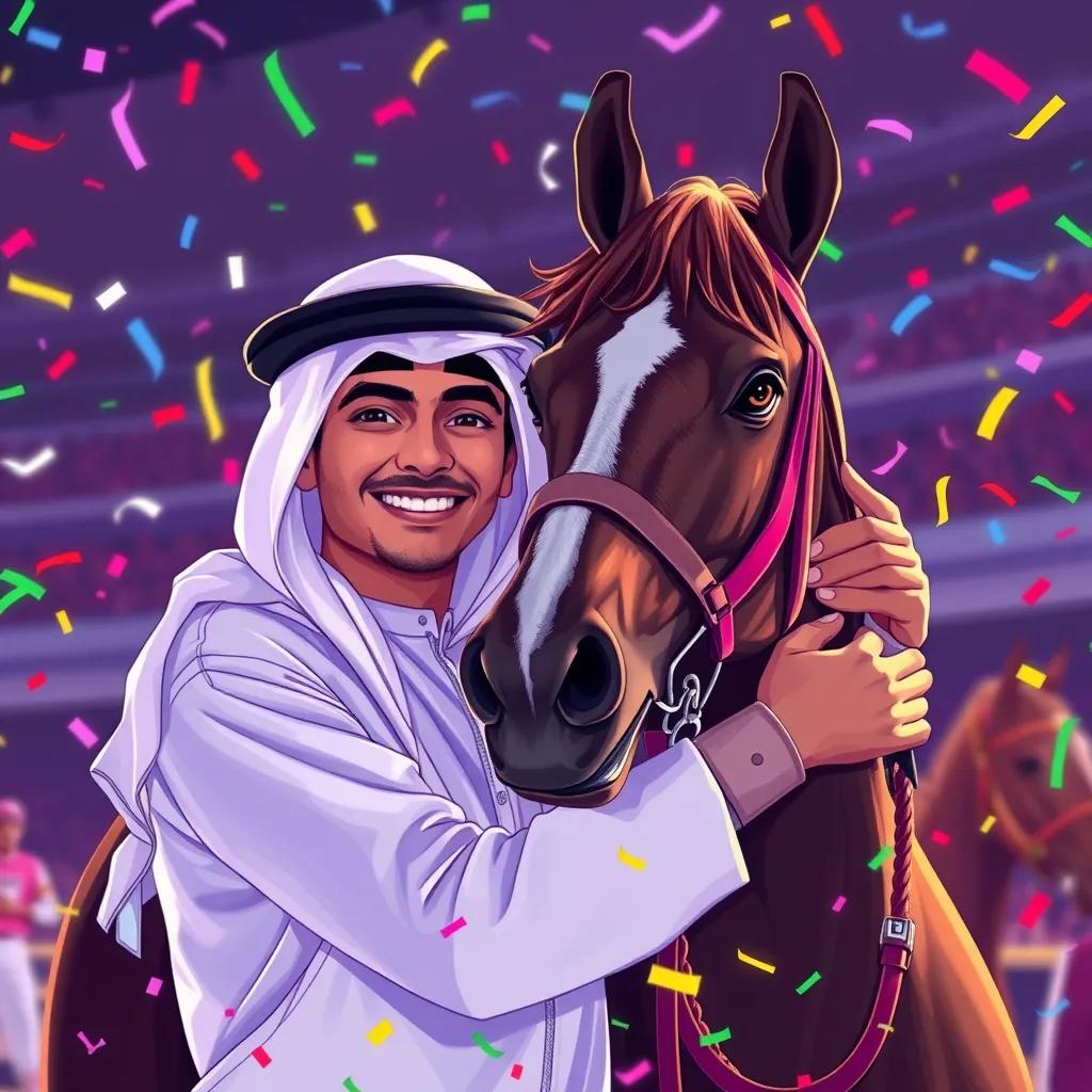 Khaled, a young Arab boy, with a big smile, hugging his horse, Adham, after winning the race, colorful confetti falling around them, cheerful atmosphere, vibrant colors, heartwarming, high quality