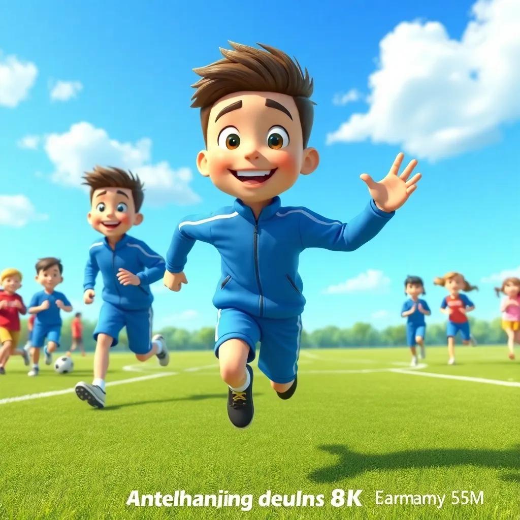 محمد، صبي عربي صغير، wearing a blue tracksuit, running on a green soccer field, with his friends cheering for him, sunny day with a bright blue sky, smiling faces, cheerful atmosphere, digital art, vibrant colors, energetic vibe, high quality