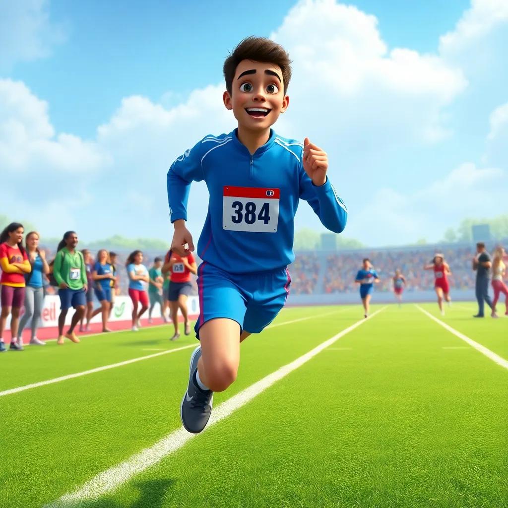 محمد، صبي عربي صغير، wearing a blue tracksuit, completing his fifth lap on a green field, friends smiling and cheering around him, detailed art, lively colors, exciting atmosphere, encouraging scene, high quality
