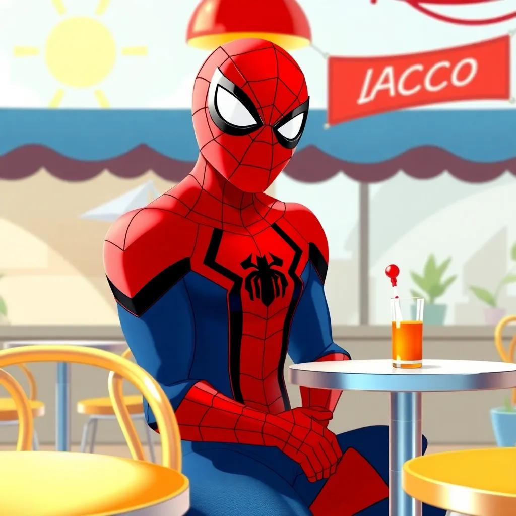 Spiderman, a superhero with red and blue suit, sitting at a small café with a sunny background, smiling while talking to a friendly waiter, digital art, vibrant colors, cheerful atmosphere, high quality