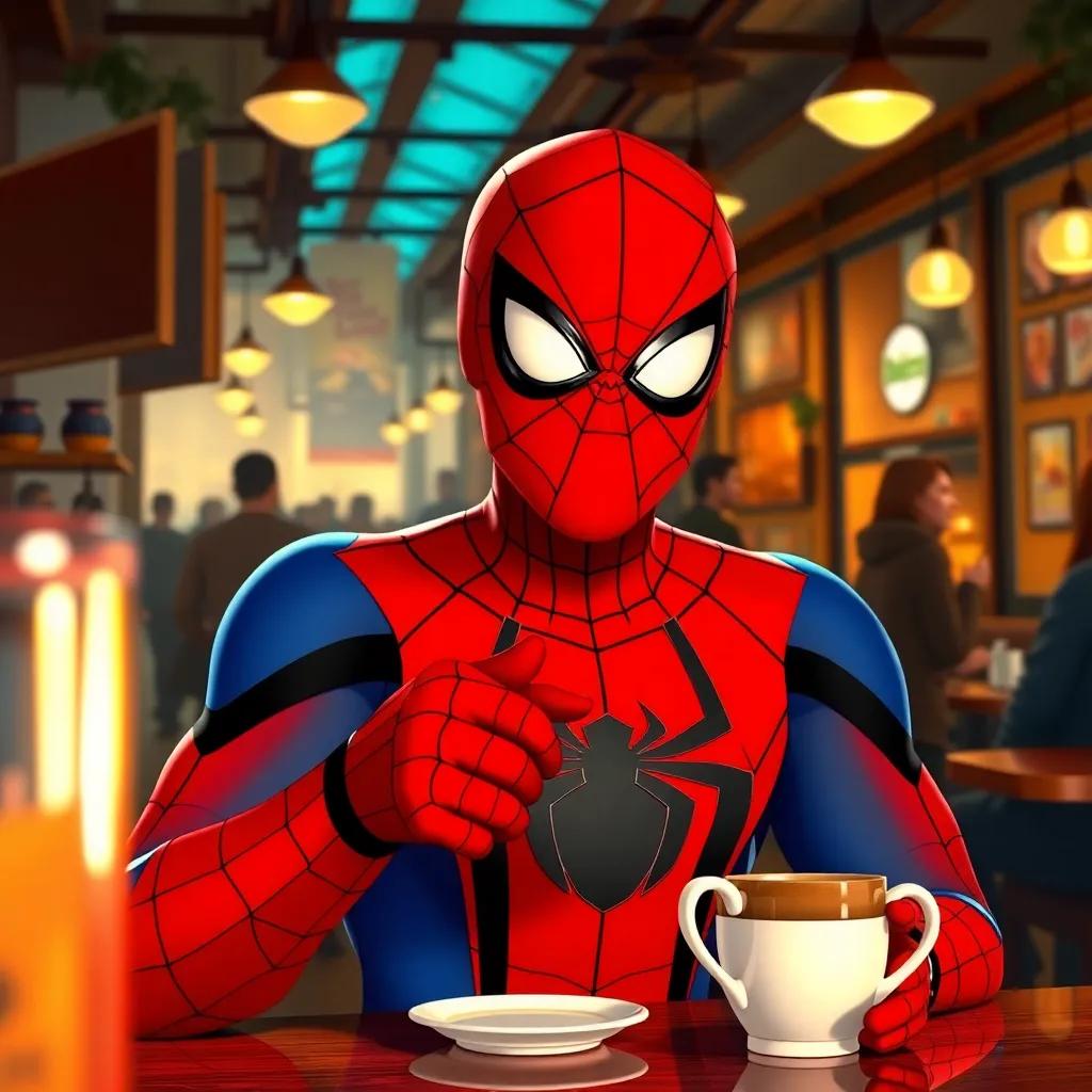 Spiderman, a superhero in a red and blue suit, enjoying a cup of coffee with a satisfied smile, with the café around bustling with life and people, warm light, lively environment, storytelling view, fantasy