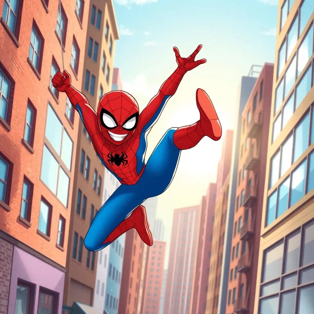 A vibrant city scene with Spider-Man swinging between buildings, smiling, wearing his classic red and blue suit, bright sunlight shining, energetic atmosphere, high quality