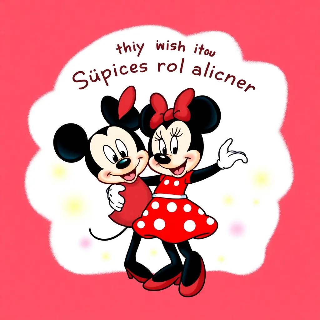 Minnie Mouse standing next to Spider-Man, both smiling, Minnie is wearing her iconic red polka dot dress with a bow, cheerful background, whimsical and colorful, child-friendly, high quality
