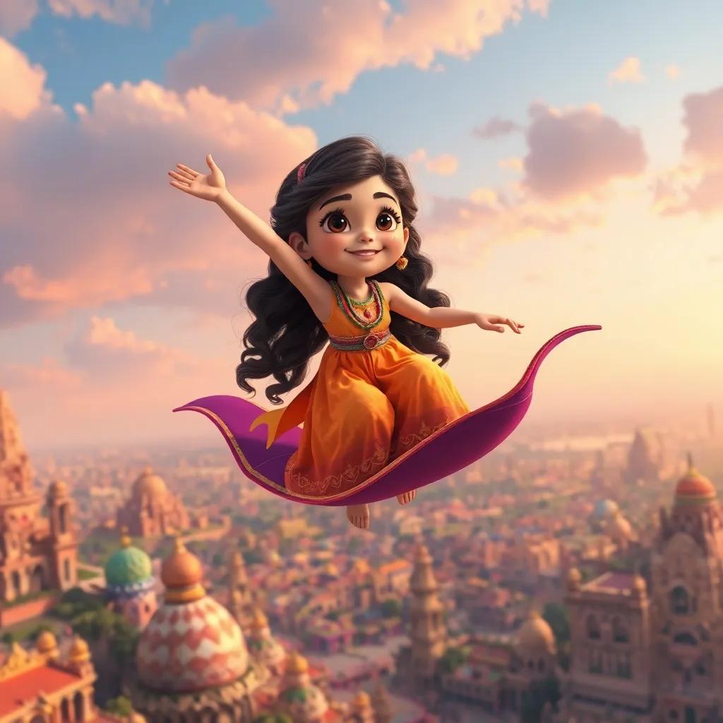 Layla, a curious girl with long, wavy hair in a bright dress, flying on a magic carpet high in the sky over colorful landscapes of India during a vibrant festival, detailed digital art, cheerful ambiance, high quality