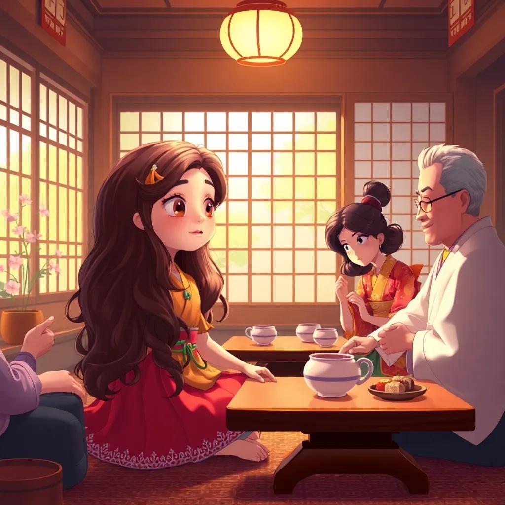 Layla, a curious girl with long, wavy hair in a bright dress, sitting with a Japanese family in a traditional tea room, learning about tea ceremonies and enjoying delicious sweets, digital painting, inviting atmosphere, harmonious details, high quality