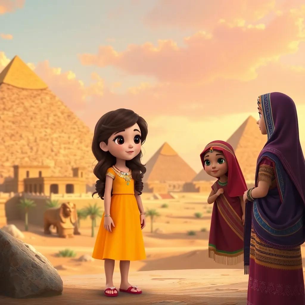 Layla, a curious girl with long, wavy hair in a bright dress, standing in front of the great pyramids of Egypt, meeting an Egyptian girl in a traditional outfit, surrounded by ancient wonders, digital art, warm colors, rich cultural details, high quality