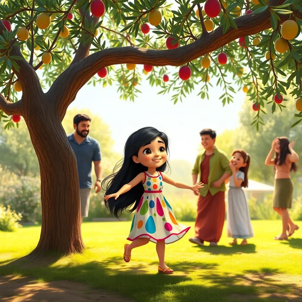 A small girl, Sahab, with long, dark hair wearing a colorful dress, dancing joyfully under an olive tree in a sunny garden, friends laughing around her, digital art, vibrant colors, cheerful atmosphere, high quality