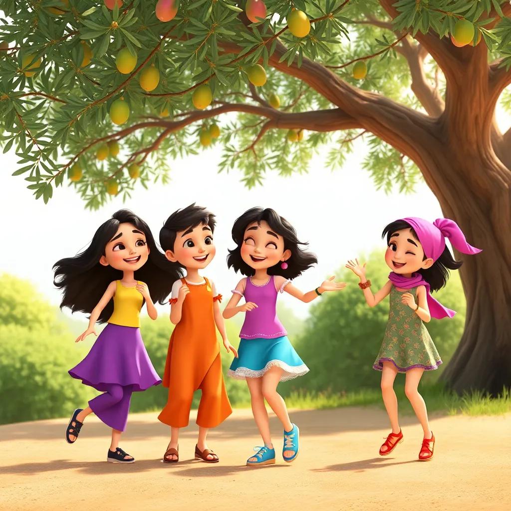 Three girls, Rans, Rikal, and Sahab, laughing and playing together, showing their dance moves under a big olive tree, bright sunshine, colorful outfits, fun and playful, high quality