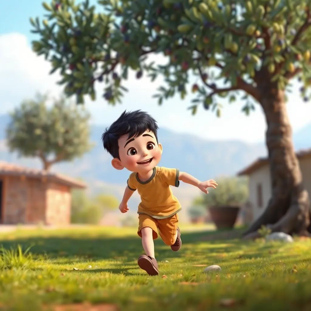 A small boy, Satam, with short hair wearing a playful t-shirt and shorts, excitedly running toward his sisters under the olive tree, colorful background, cheerful and vibrant atmosphere, high quality