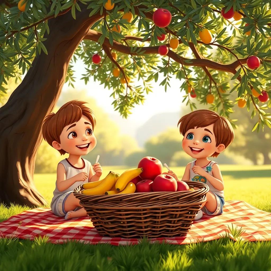 A picnic scene under the olive tree, with a basket of fruits including red apples and yellow bananas, the children sitting together, smiling and eating, warm sunlight, inviting summer day, high quality