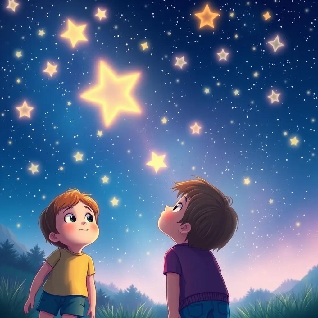 A night sky full of twinkling stars, children looking up with wonder, imagining dancing stars, bright and magical atmosphere, detailed illustration, high quality