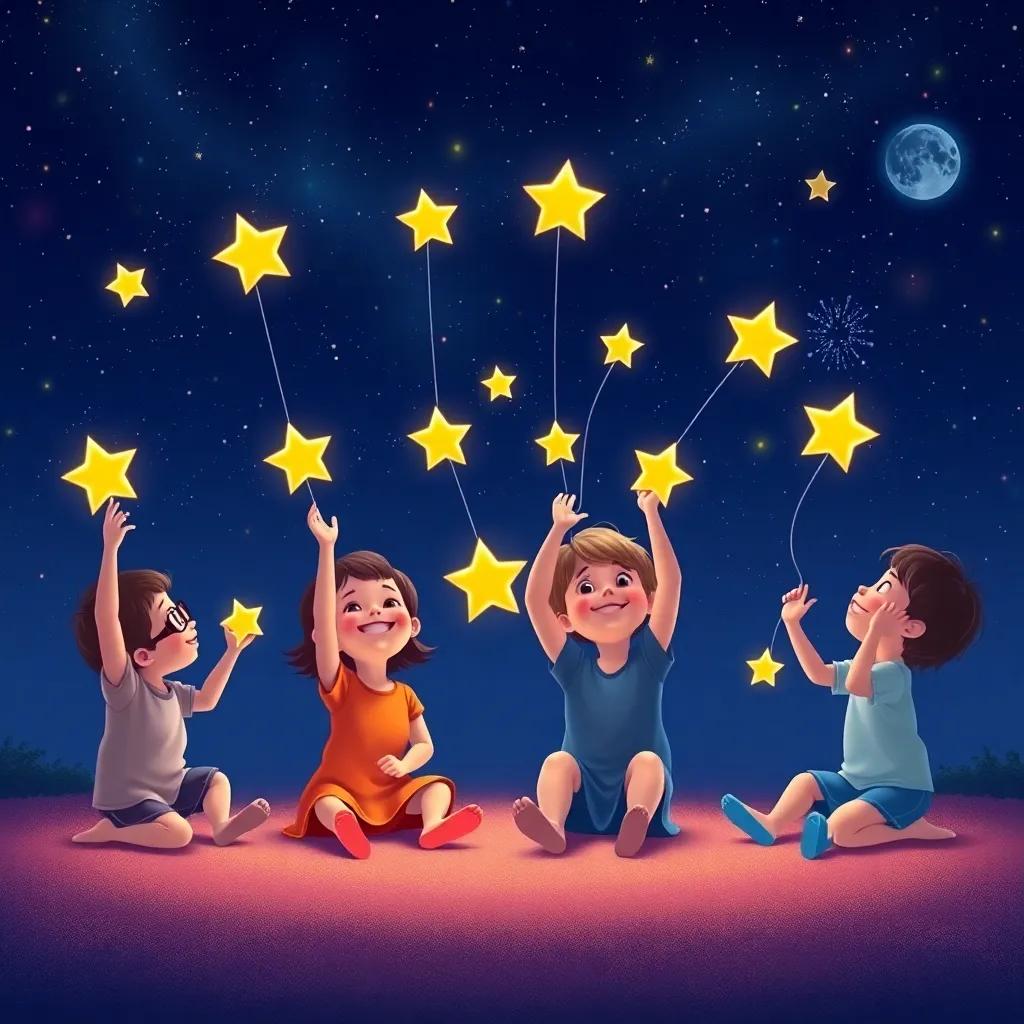 Four children imitating stars' movements, sitting on the ground with their feet moving gently, colorful night sky around them, playful and imaginative scene, child-friendly, high quality