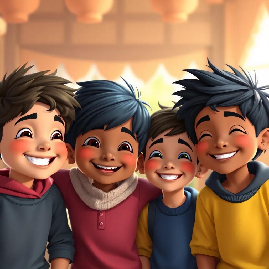 Happy children with bright smiles, Sahab, Rans, Rikal, and Satam, enjoying their time together, with thoughts of more fun adventures ahead, warm light and joyful energy, high quality