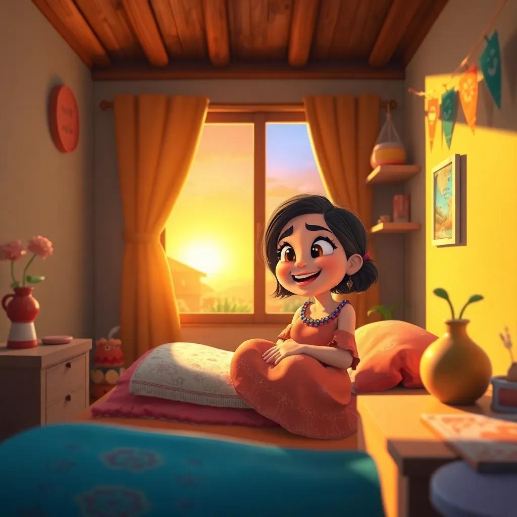 A sunrise in the village, Sahab waking up with excitement for a new day, her room filled with sunlight and colorful decorations, bright and cheerful, high quality
