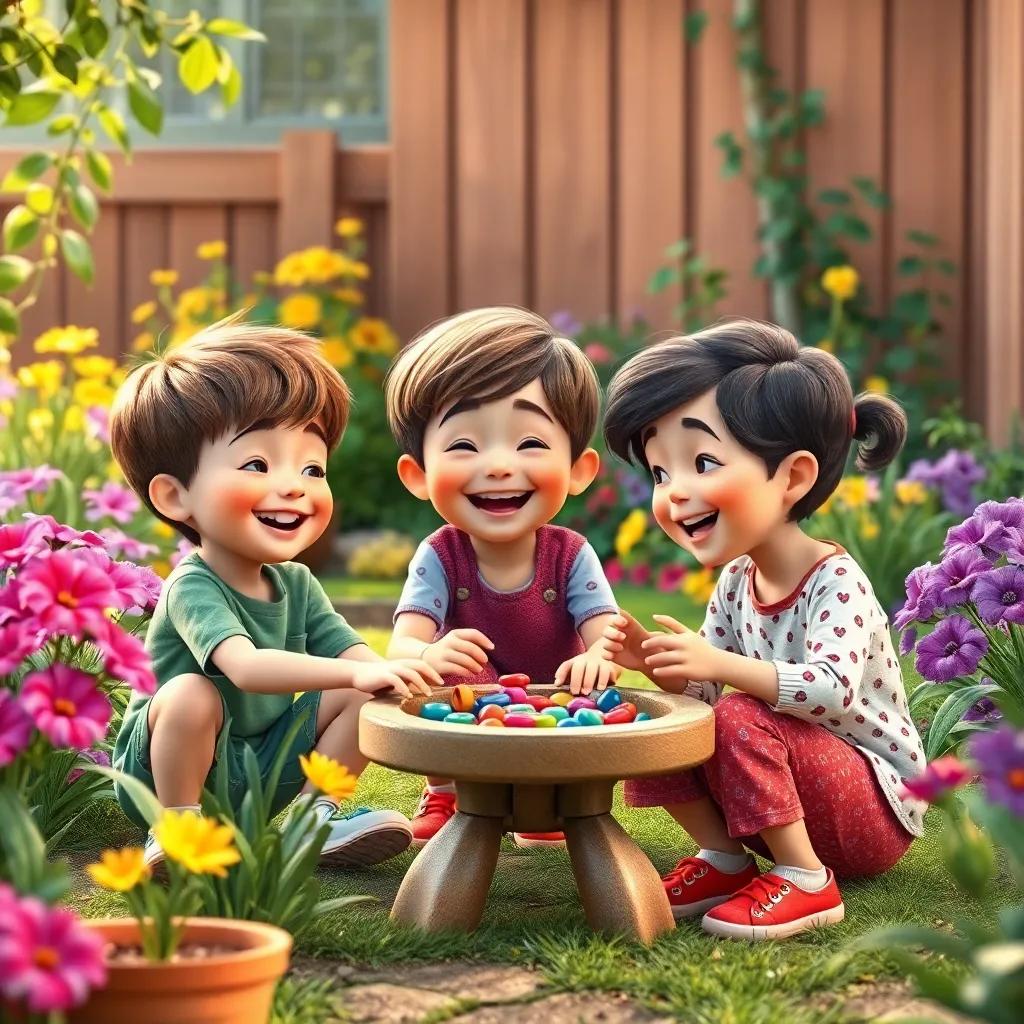 The children playing together joyfully again in the garden, reshaping their day with laughter and games, colorful surrounding, fun and delightful scene, high quality
