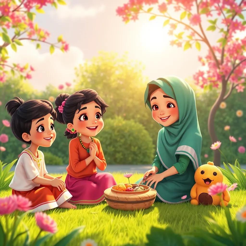 A beautiful day breaking with Sahab and her friends enjoying their time together in the sunny garden, vibrant colors and lively atmosphere, illustration, high quality
