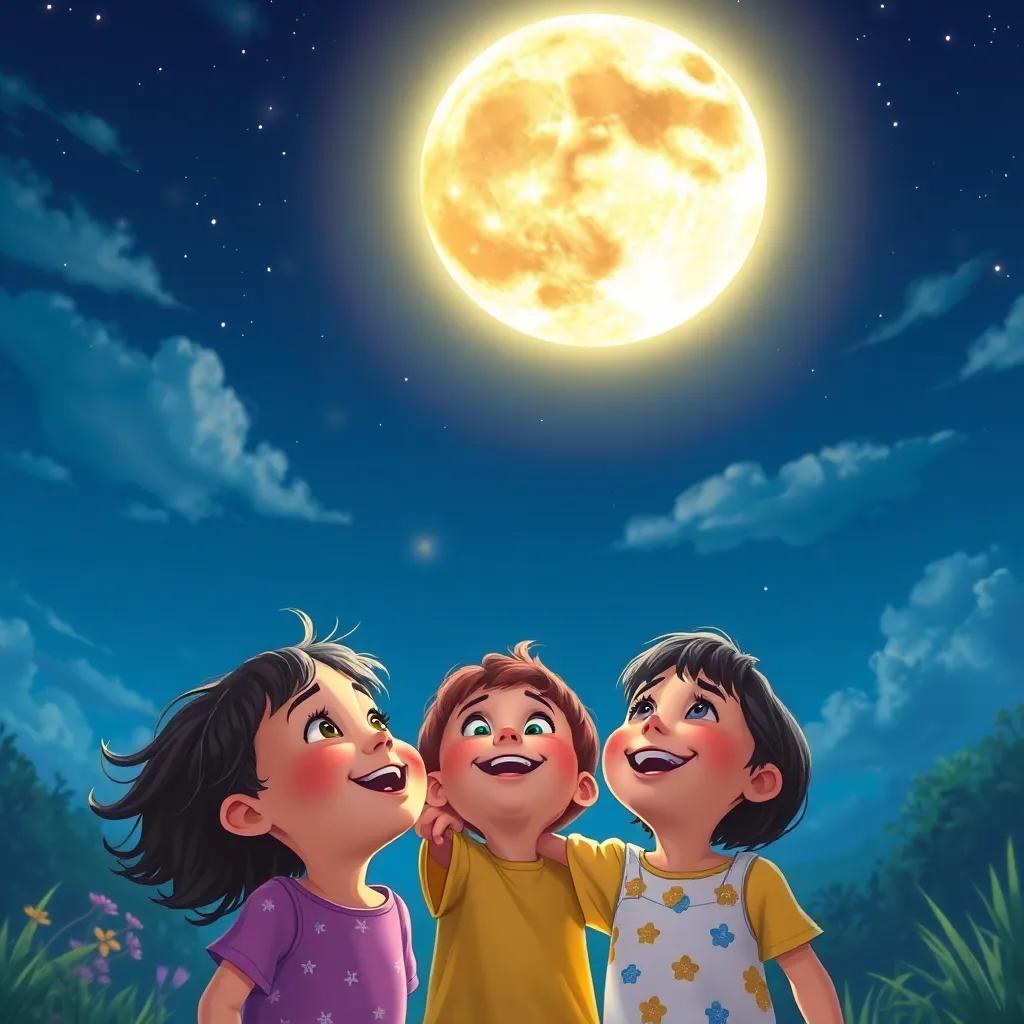 A summer night sky with a bright moon changing shapes, children looking up with excitement, joyful expressions, digital art, vibrant colors, enchanting atmosphere, high quality