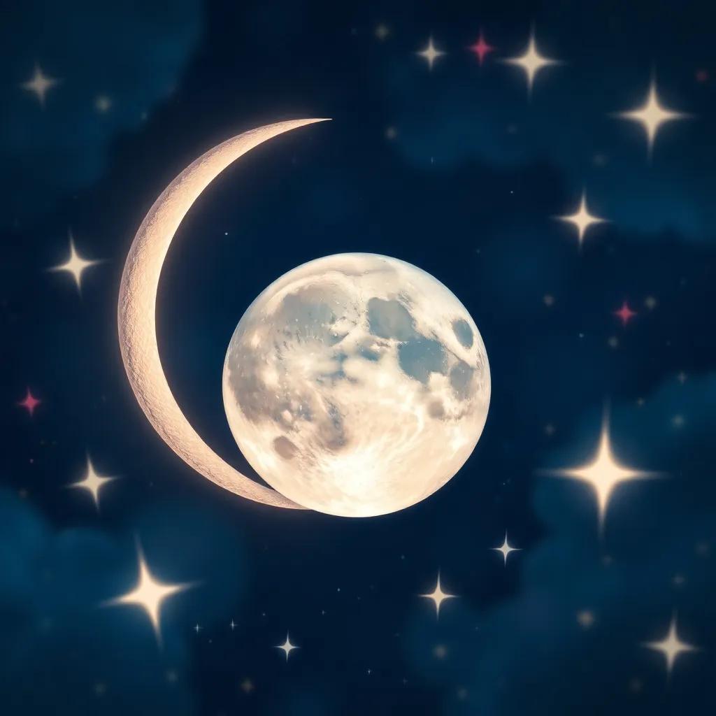 A close-up of the moon transforming from a crescent to a full moon, surrounded by twinkling stars, imaginative scene, dreamy, magical colors, artistic, whimsical