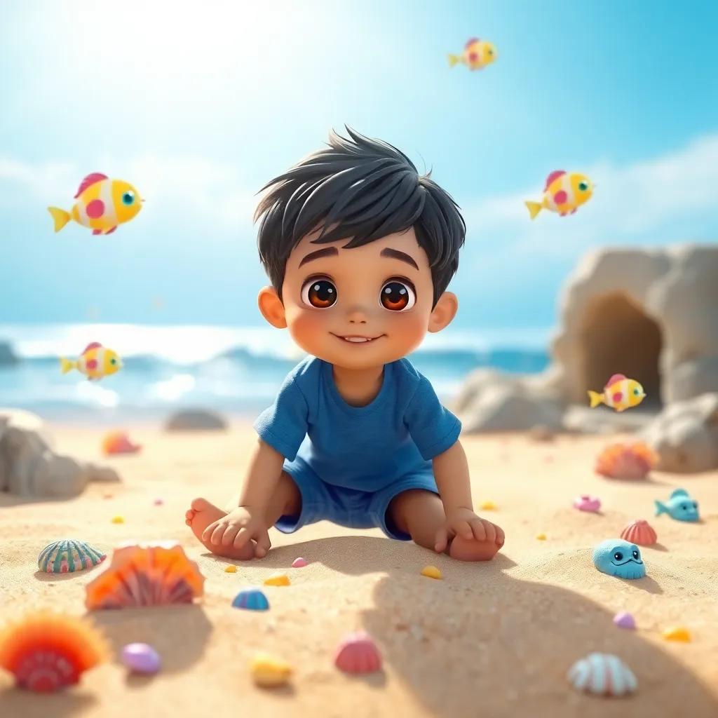 A small boy, Sami, with short black hair wearing a blue t-shirt and shorts, playing on a sandy beach with colorful seashells and swimming fish, sunlight shining, cheerful atmosphere, high quality