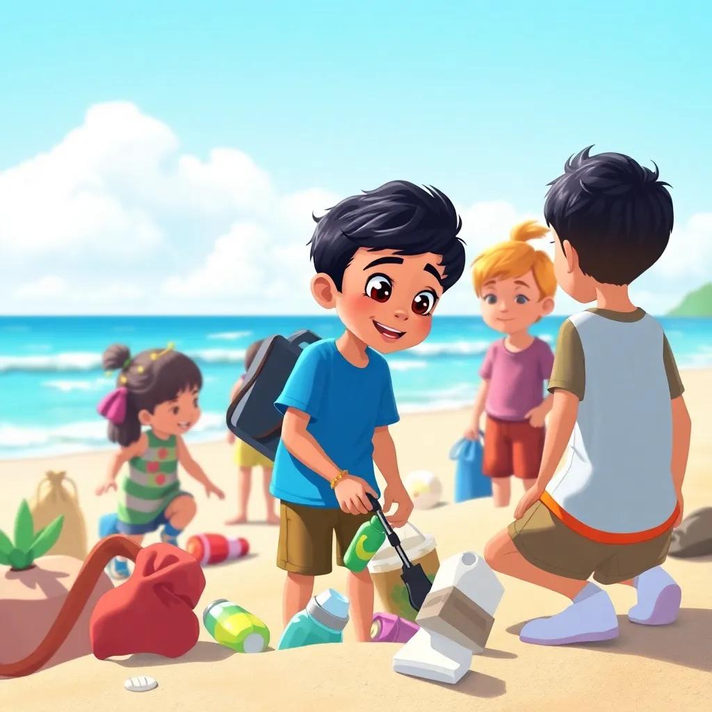 Sami, a small boy with short black hair in a blue t-shirt, talking to his friends while picking up trash on the beach, enjoying nature, sunny day, vibrant colors, child-friendly illustration