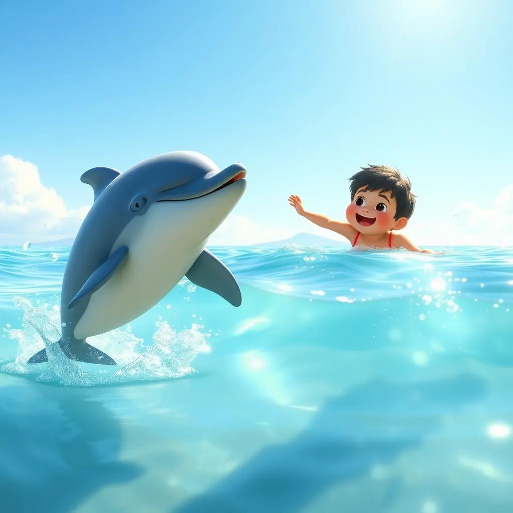 A happy dolphin swimming close to Sami and his friends after they cleaned the beach, sparkling clean water, bright sky, joyful moments captured, digital painting, uplifting