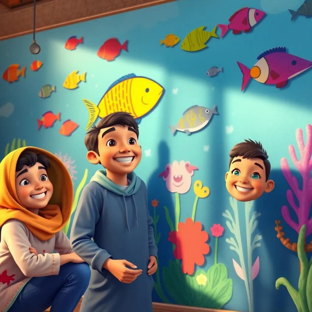 Sami and his friends creating a mural to educate about sea life protection, colorful wall with fish and ocean creatures, smiles on their faces, warm light, engaging scene