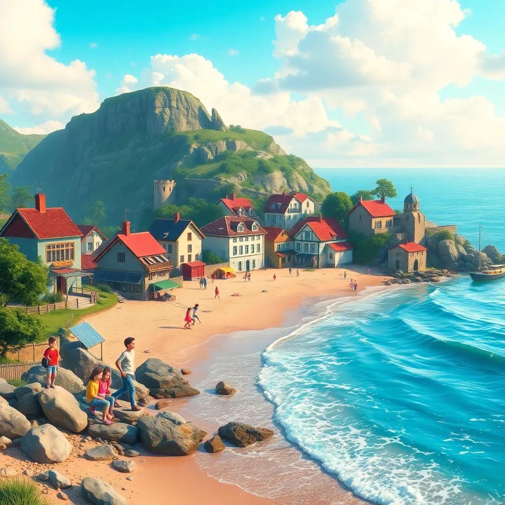 A beautiful village by the sea, children playing, clean beach with waves gently rolling in, vibrant colors, sense of community and environmental care, magical atmosphere