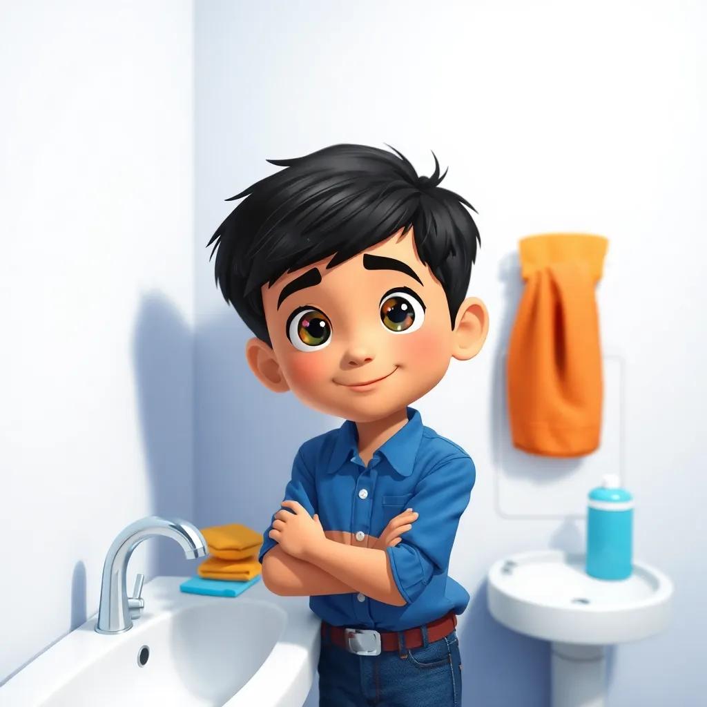 A young Arab boy, حسام, with short black hair, wearing a blue shirt and jeans, thinking about water conservation while standing beside a sink with a toothbrush, digital art, bright colors, cheerful atmosphere, eye-level perspective, high quality