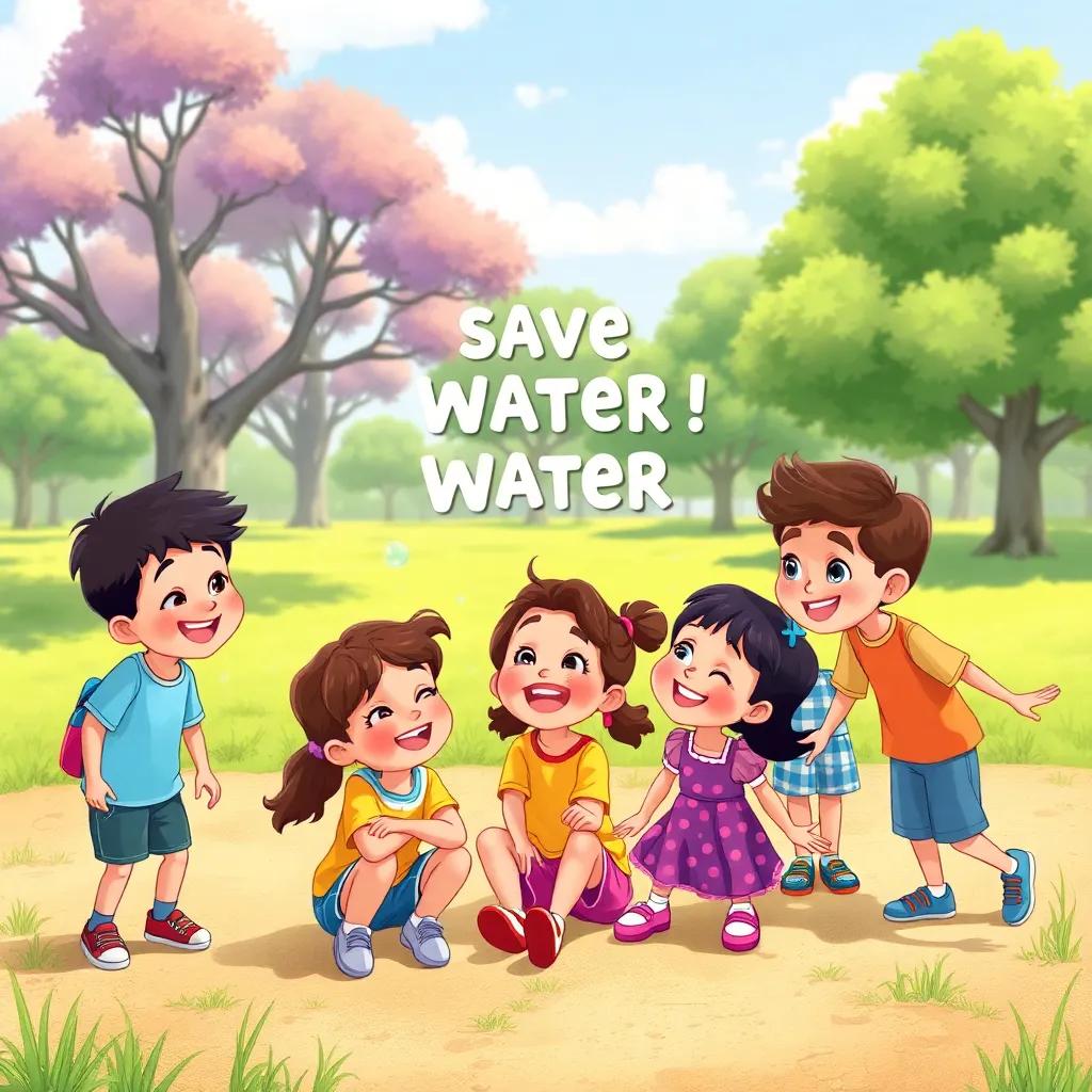 A group of children playing together happily, including حسان and several friends, laughing and sharing ideas of how to save water, in a sunny park with trees and grass, illustration, colorful, engaging scene, child-friendly