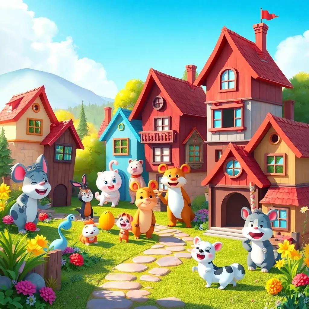 A colorful village with various animals living together, happy atmosphere, bright skies, illustration, cheerful, inviting, high quality