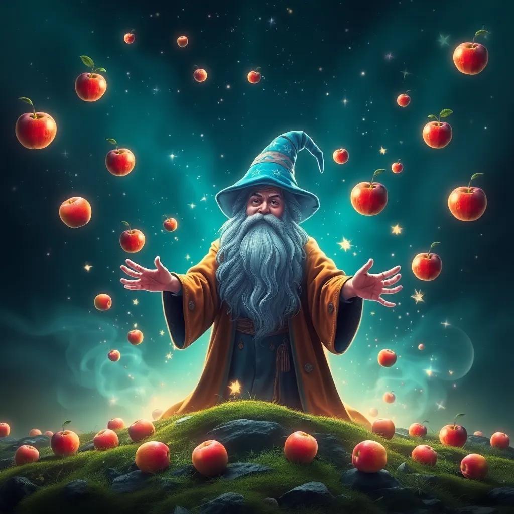 A mysterious wizard emerging from the ground, with a long beard and colorful robes, surrounded by magical sparkles and floating apples, enchanting background, dreamlike quality, fantasy, bright colors, inviting atmosphere, high quality