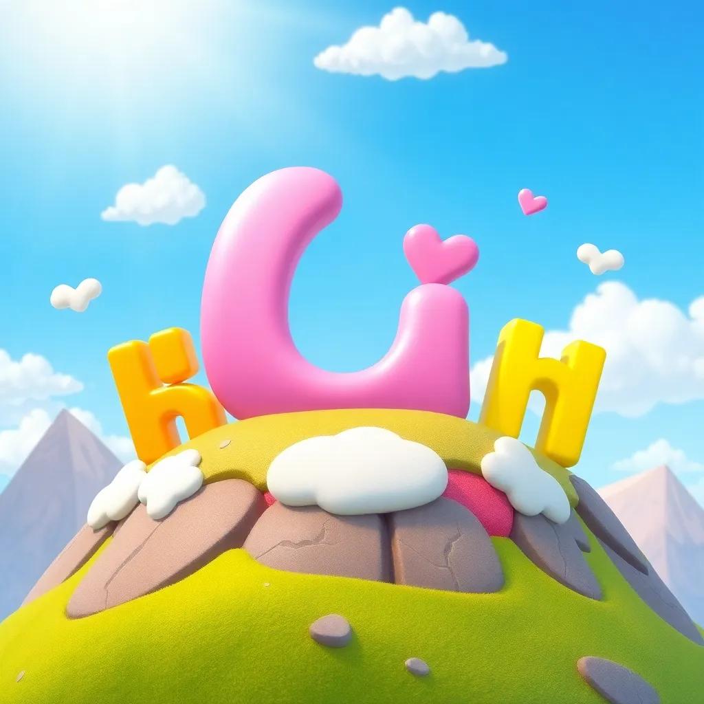 A beautiful letter 'ش', sitting on top of a colorful mountain with other letters, surrounded by playful clouds and a bright sky, cheerful, child-friendly, digital art, vibrant colors, inviting atmosphere