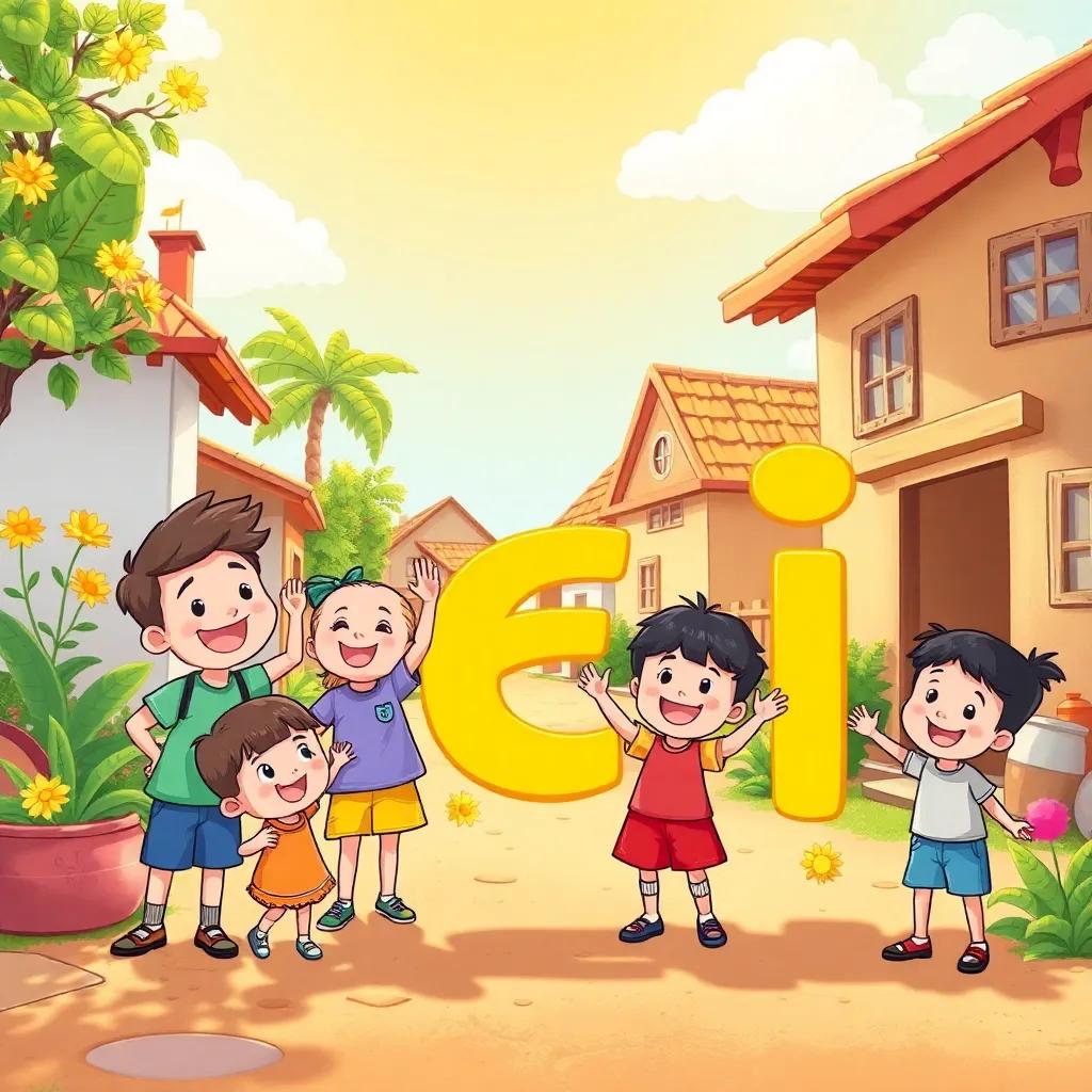 A group of happy children playing with the letter 'ش' in a sunny village, writing words like 'شمس', 'شجرة', 'شوكولاتة', joyful, fun, illustration, colorful, uplifting