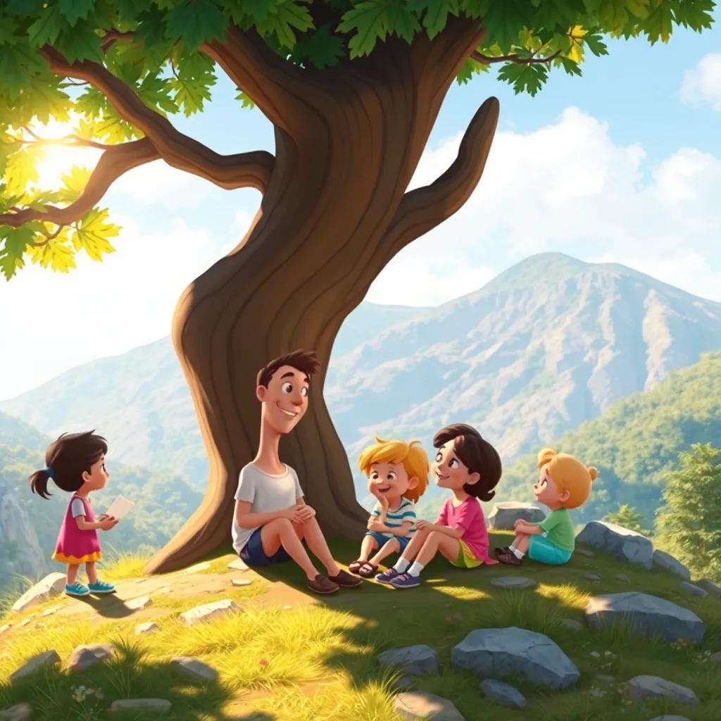 The letter 'ش' telling his friends about his fun day with children, sitting under a shady tree on the mountain, happy and engaging, digital painting, warm light, friendly atmosphere