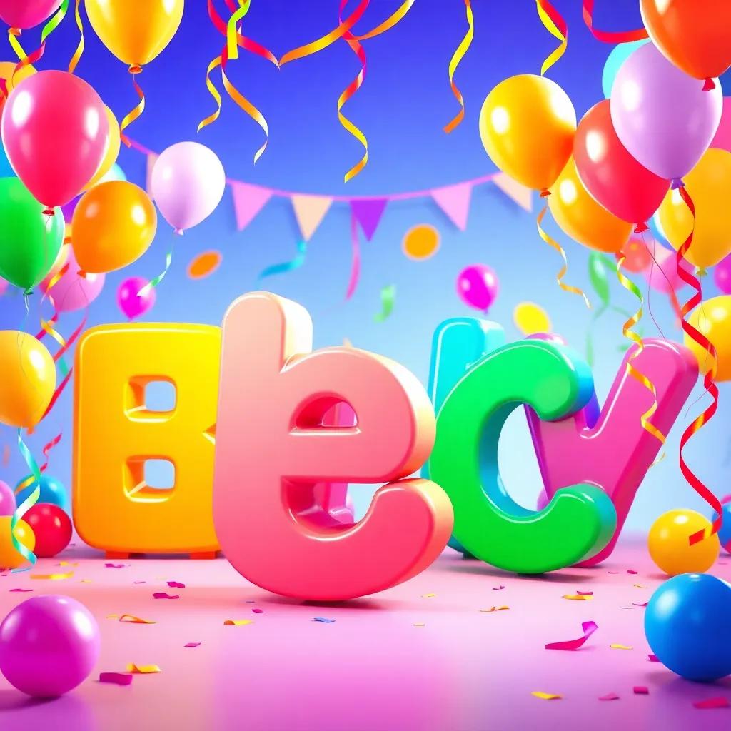 A colorful festive scene with the letter 'ش' dancing with other letters, decorated with bright balloons and streamers, joyful celebration, high energy, children's party theme