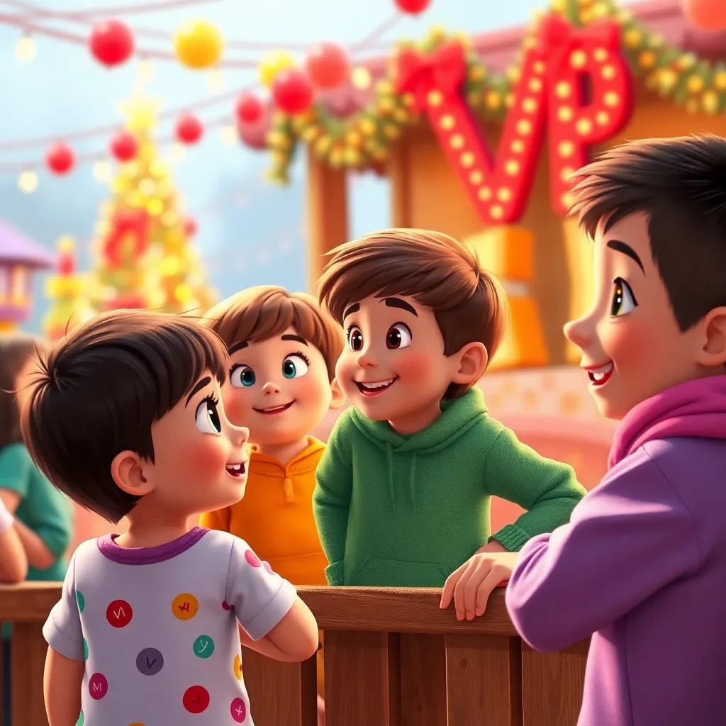 The children watching the festive celebration from a distance, smiling and excited to see their letter friends, bright colors, playful, heartwarming scene