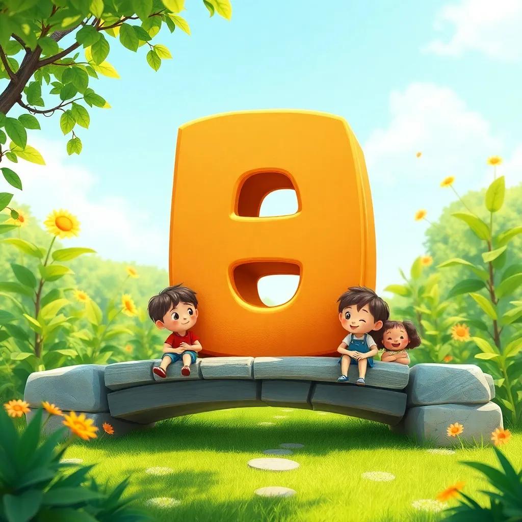 The letter 'ش' feeling proud as a bridge between children and letters, sitting happily with friends, lush greens surrounding them, detailed illustration, sunny day