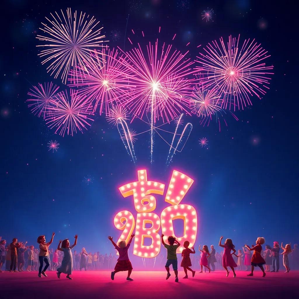 A grand finale with fireworks lighting up the night sky above the joyous letter 'ش' and the children dancing, spectacular, vibrant colors, celebration atmosphere
