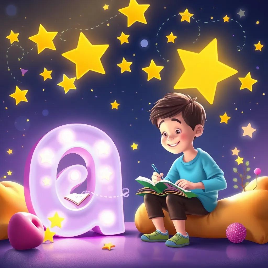 The letter 'ش' and children writing stories together, surrounded by stars and dreams, whimsical, imaginative, colorful environment, cheerful, child-friendly
