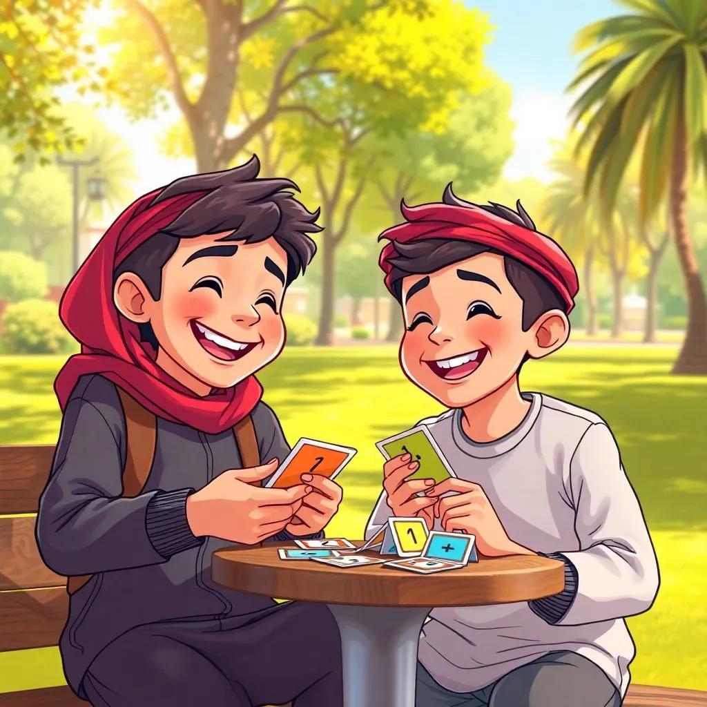Two young Arab boys, Ali and Sami, with bright smiles, playing math games with colorful cards in a sunny park, laughter and joy among friends, vibrant colors, lively atmosphere, illustration, detail-oriented, uplifting