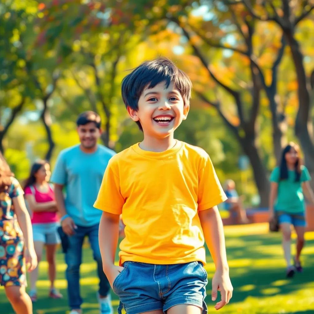 A cheerful young boy, Daniel, with short black hair, wearing a bright t-shirt and comfortable shorts, laughing with his friends in a colorful park, joyful atmosphere, vibrant colors, warm sunlight, high quality