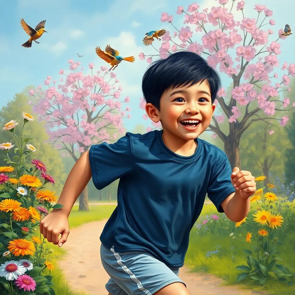 A young boy, Daniel, with short black hair, wearing sports clothes, running in a park with flowers blooming and birds singing around, cheerful scene, lively colors, good weather, high quality
